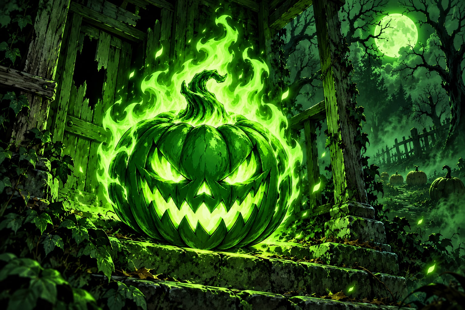 Torcantern returns to a ruined woodland porch with his green flame still burning