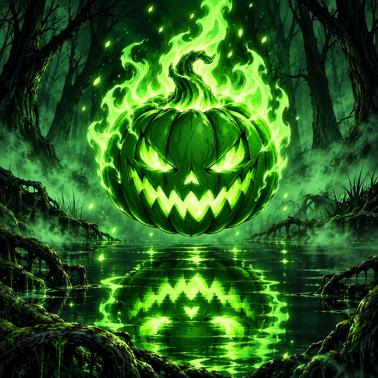 Torcantern sees his green grin reflected in a black lake