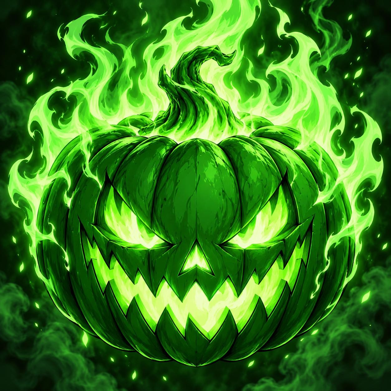 Torcantern, the dark-green pumpkin with a hooked stem, slanted fire-filled eyes and a jagged grin