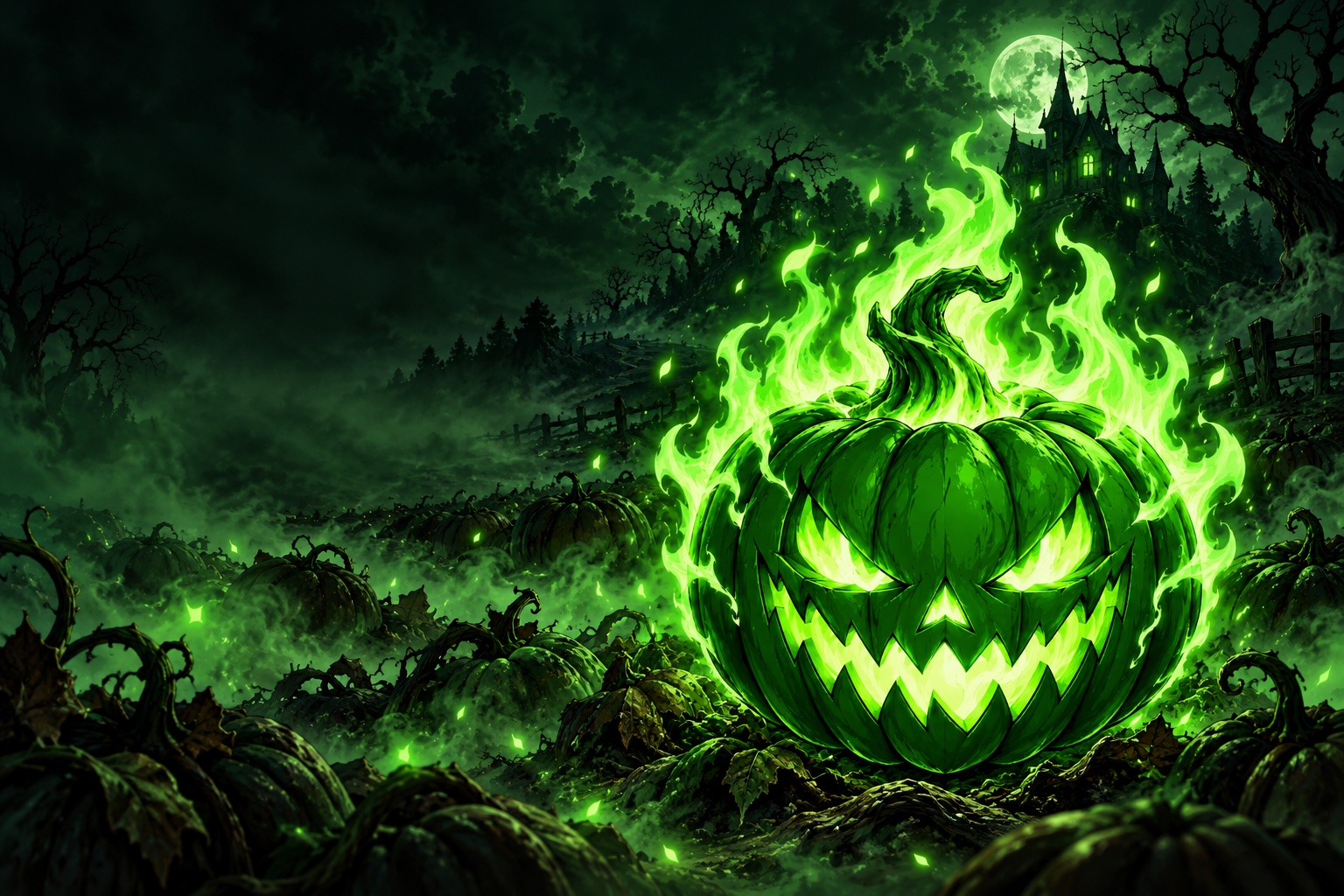 Torcantern glowing in a forgotten pumpkin patch beneath a crooked manor